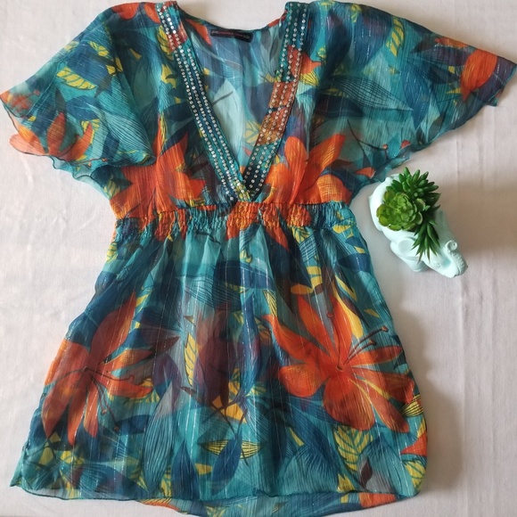Tops - 🥝Women's V-Neck Sheer Floral Coverup Top Large
